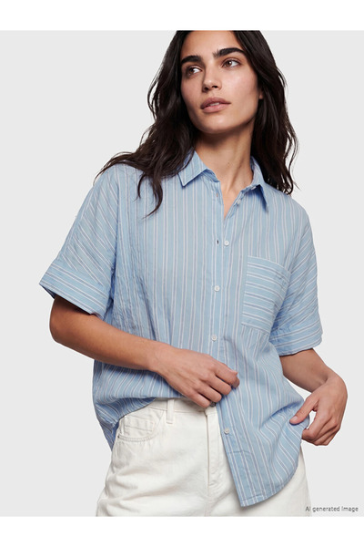 LC Waikiki Blue Striped Oversize Women's Shirt