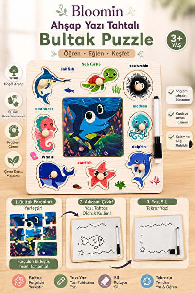 Bloomin Ahşap Eğitici Bultak & Puzzle Oyuncak Ve Yaz Sil Yazı Tahtası Bebek Ç...