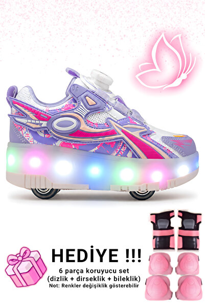 VestioStore Mor Pembe Çocuk Tekerlekli Işıklı Otomatik Mekanizmalı Spor Ayakk...