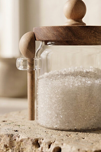 Kitchen Life وعاء توابل زجاجي مفرغ من أكاسيا مع ملعقة 450 مل