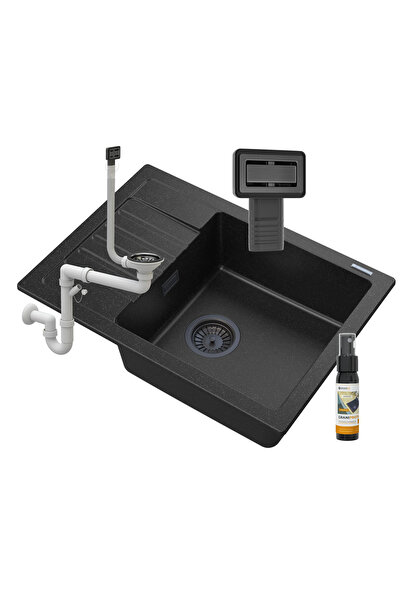 Granitan Set chiuveta ARGOS, Granit, 1 Bol, scurgator, 620x440mm, negru, sifo...