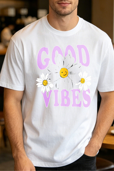Fleck تي شيرتات كاجوال للرجال بتصميم Good Vibes Daisy Flower Smiley Face للرج...