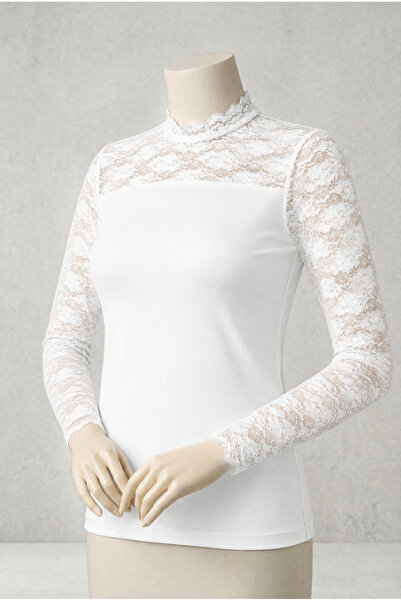 Altınay Lace Detailed Long Sleeve Blouse 90% Cotton – Half Turtleneck Transpa...