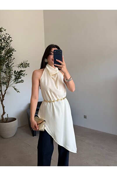 Bade Butik Soft Sarı Sırt Dekolteli Asimetrik Bluz