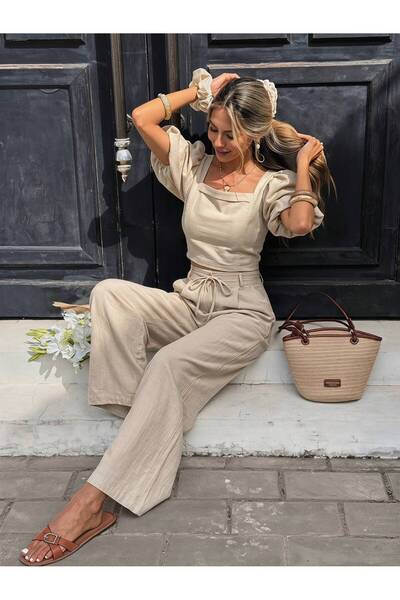 ladyzey kadın bej kare yaka balon kol crop bluz ve bol paça pantolon takımı