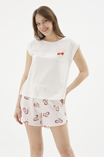 Sevim Women's Short Sleeve Cherry Patterned Ecru Pajama Set with Shorts C9T0N771