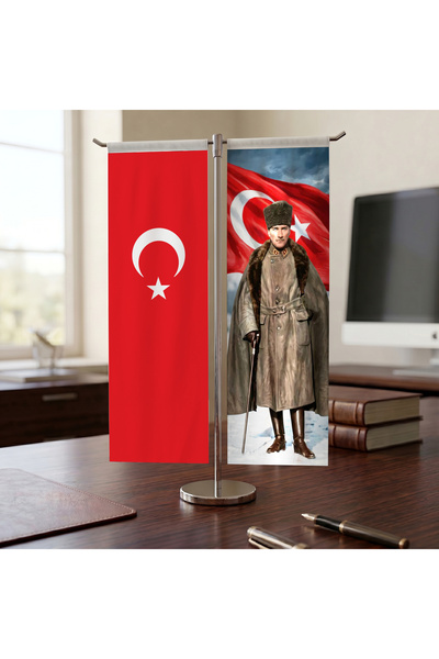puntodizayn Kalpaklı Atatürk ve Türk Bayrağı Kırlangıç T tipi Masa Bayrak Takımı