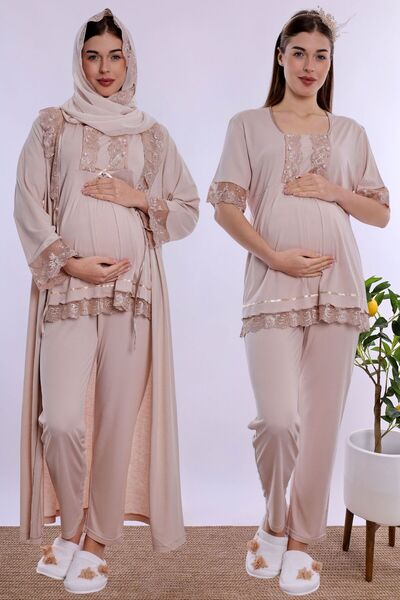 ByLohusa Effortt - Beige - Soft Textured Cotton Long Robe Maternity Pajama Se...