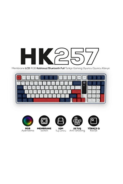 HAWK Gaming HK257 Membrane LCD RGB Kablosuz/Bluetooth Kırmızı Mavi Full Türkç...