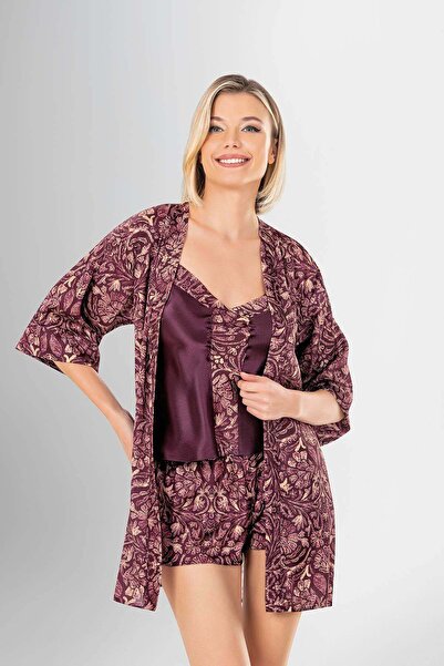 Loriva Women's 3-Piece Purple Patterned Dressing Gown-Blouse-Shorts Pajama Set