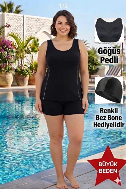 SUERTO Kadın Siyah BÜYÜK BEDEN Şortlu Tankini Esnek Likralı Kumaş Şortlu Asta...