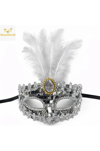 Generic Brand Luxury Silver Feathered and Stoned Prom Mask