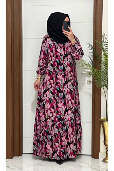 MODA ALMİRA 1990 K 90 PEMBE ÖNÜ DÜĞMELİ ÇİÇEKLİ VİSKON ELBİSE