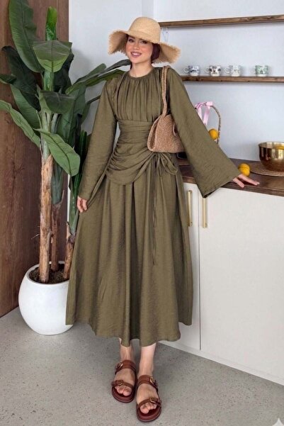 Şulemoda Giyim Troya Linen Dress Khaki