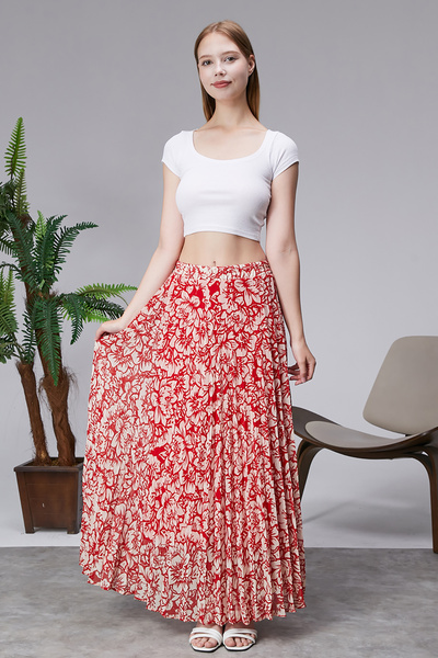 sehatex Patterned Lined Pleated Chiffon Skirt with Elastic Waistband