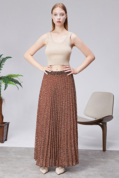 sehatex Patterned Lined Pleated Chiffon Skirt with Elastic Waistband