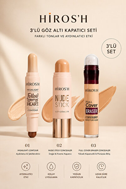 HİROS'H 3-Piece Concealer Set with Different Shades and Brightening Effect