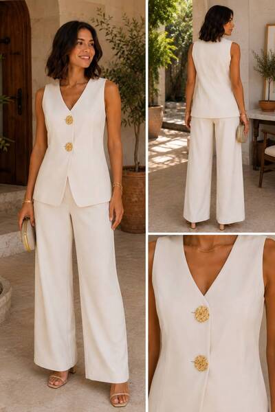 Selence Women's Gol Button Detailed Vest Pantalon Set Beige