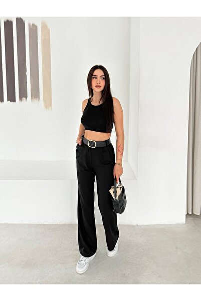 PIOVE Women's High Waist Belted Wide Leg Fabric Pants Relaxed Fit Casual Trou...