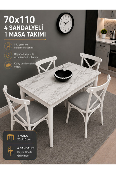 VOGUE TASARIM VE AKSESUAR 70x110 4 Sandalyeli Mutfak Masası Takımı | Modern Y...