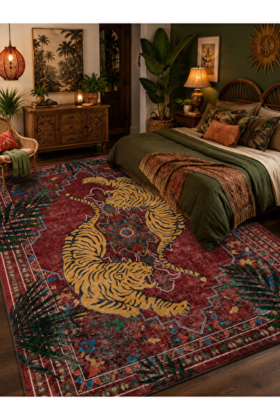 Homeilla Kaplan Desenli Vintage Bordo Dekoratif Halı