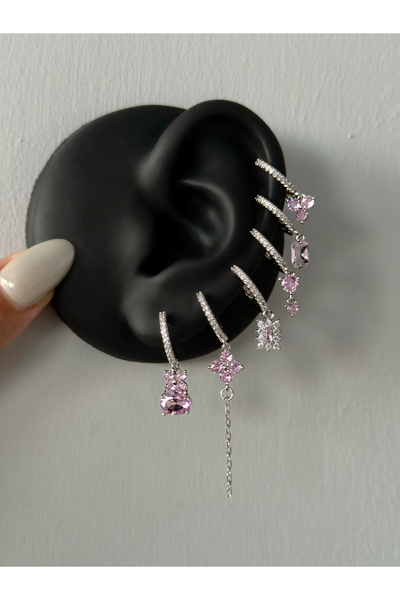 h&b design jewel Steel Silver Pink Flower Detail 6-Piece Earring Set