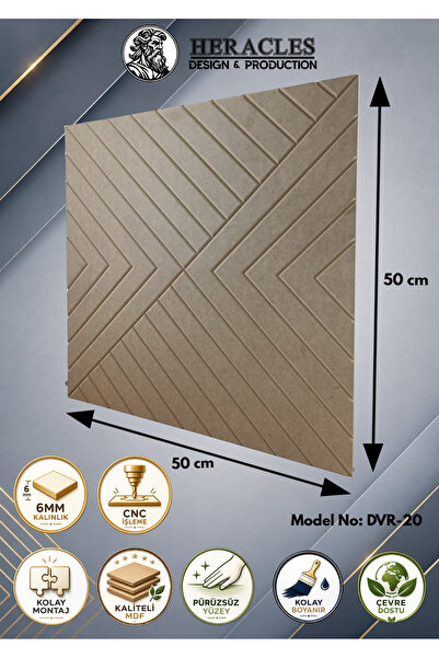 HRC Dizayn (DVR-20) 3D Görünümlü MDF Dekoratif Duvar Paneli 50x50 cm 6 mm CNC...
