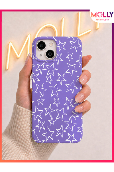 Molly iPhone 13 / 14 İçin Lavanta Yıldız Eskizi Desenli İçi Kadife Silikon Kılıf