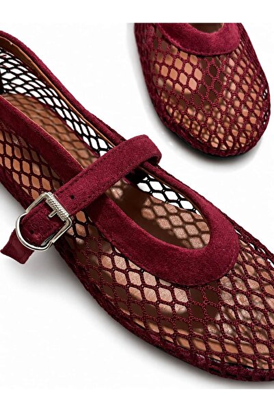 diclepolat Women's Burgundy Mesh Mary Jane Ballerina Buckle Round Toe Summer ...