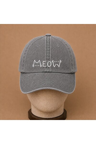 WeavedCo Embroidered Vintage Washed Cap with Meow Cat Figure