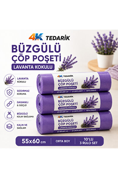 4K TEDARİK Büzgülü Çöp Poşeti Lavanta Kokulu 55×60 cm Orta Boy 10'lu 3 Rulo D...