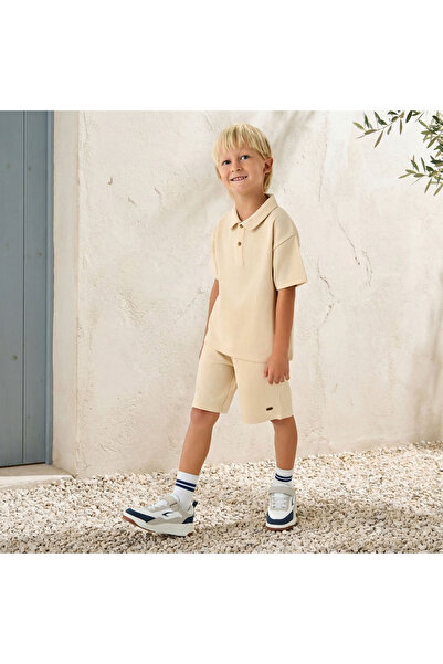 ELIGO Collared Short Sleeves T-shirt and Shorts Set with Ribbed Texture