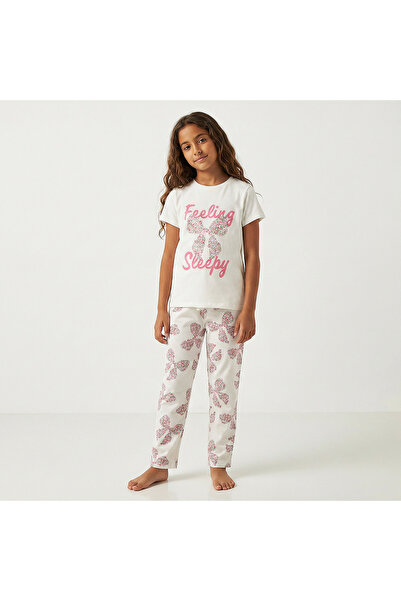 Juniors Cotton Crew Neck Short Sleeve Pyjama Set with Bow Print