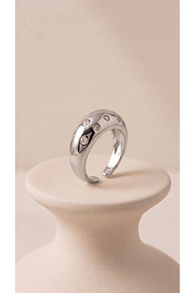 Lune Design Women's Silver Color Stainless Steel Adjustable Curved Stone Chun...