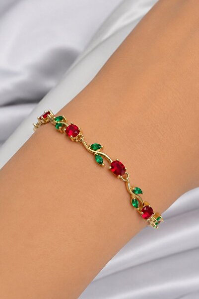 Clariss Brass Gold Color Red Zircon Stone Flower Model Women's Bracelet