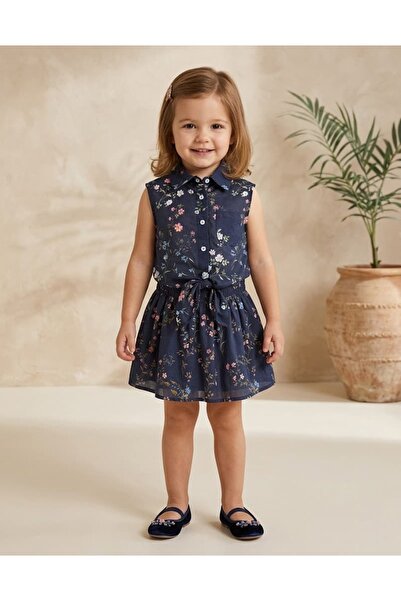 Ozmoz By Mukadder Özden Organic Floral Navy Blue Summer Little Girl's Tie-Up ...