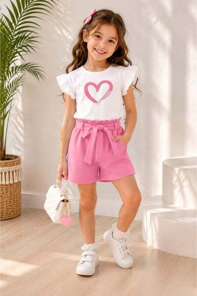 zepkids Girls' Shorts Set Heart Printed White T-Shirt Pink Shorts Summer Two-...