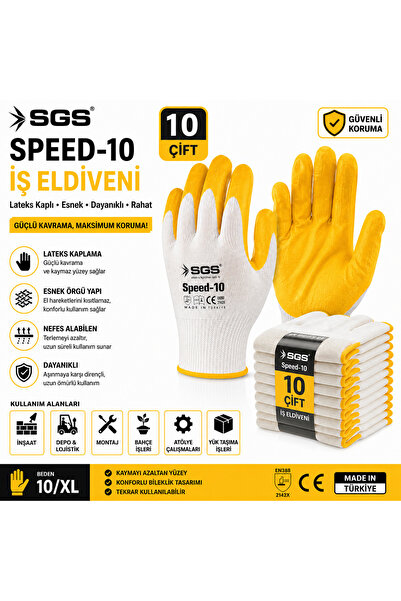 SGS Speed-10 Sarı Lateks Kaplı İş Eldiveni 10 Çift Paket