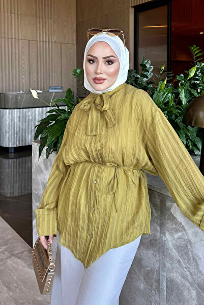 İmajButik Yağ Yeşili Yaka Bağlamalı Çizgili Gömlek