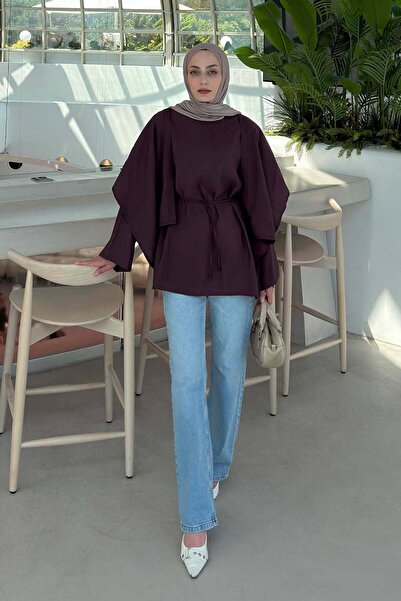 lamelif Oversized Tunic with Cape Detail in Plum Color