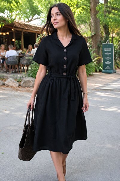 armonika Women's Black Buttoned Front Gathered Waist Belted Midi Length Dress...