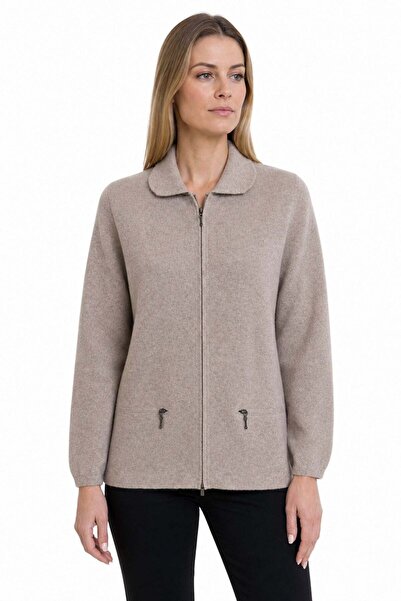 Desen Triko Women's Polo Collar Wool Cardigan with Zipper Pocket, Dark Beige