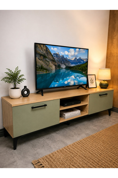 KARABUDAK Ada Modern TV Ünitesi 180 cm Başak Meşe - Adaçayı Yeşili Kapaklı Te...