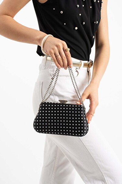 Lebibe Shoes Τσάντα Clutch POLKIA από μαύρο σατέν ύφασμα με πουά σχέδιο, λουρ...