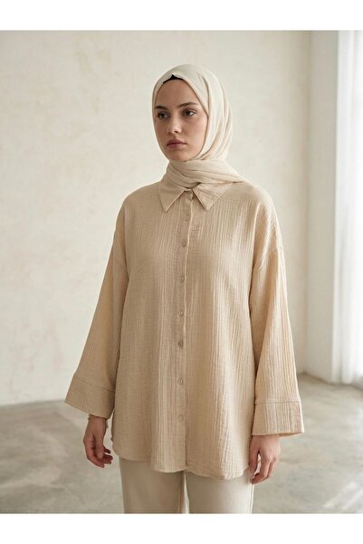 Lunsera Store Double Sleeve Muslin Shirt-Beige