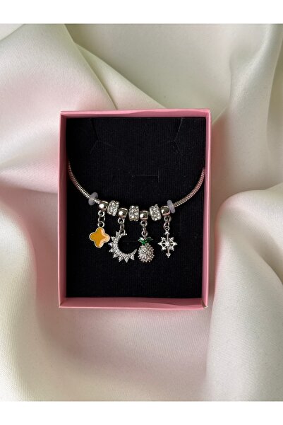 NB STEELORA Crescent and Pineapple Charm Detailed Zircon Stone Women's Bracelet