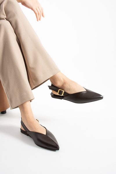 LORENN SHOES Fiona Brown Matte Pointed Toe Belt Detailed Short Heeled Women's...