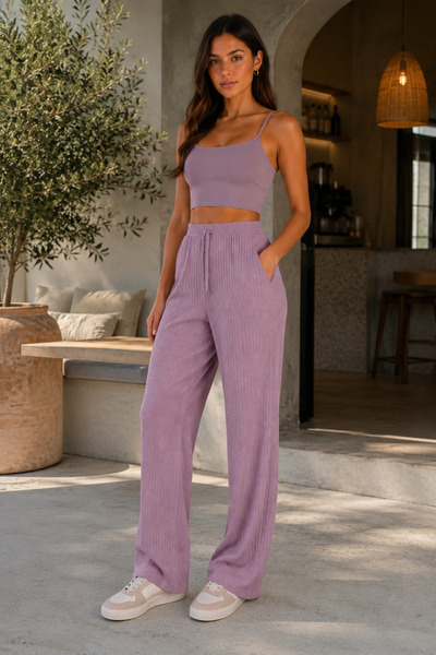 BAHNUR Women's Pudra Ribbed Wide-Leg Pants – Elastic Waist and Lace-Up Detail...
