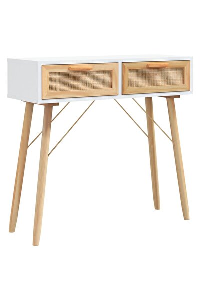 vidaxl Masă consolă alb 80x30x75 cm lemn masiv pin și ratan