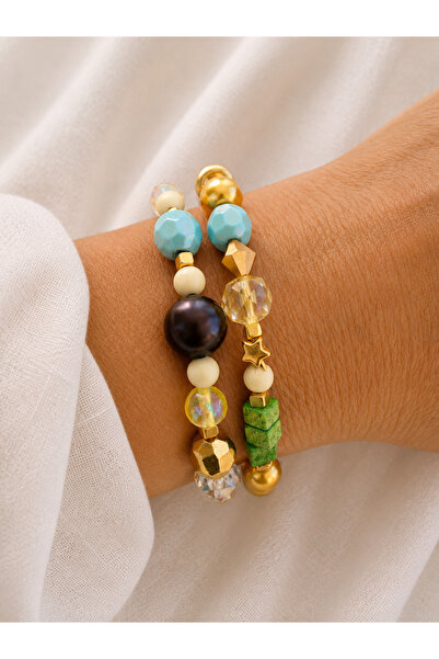 COCOSH TAKI Turquoise blue green pink gold bead detailed multi-combination br...